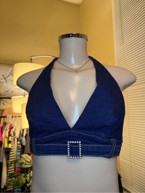 FashionO Dark Wash Denim Halter Crop Top Rhinestone Buckle Size M